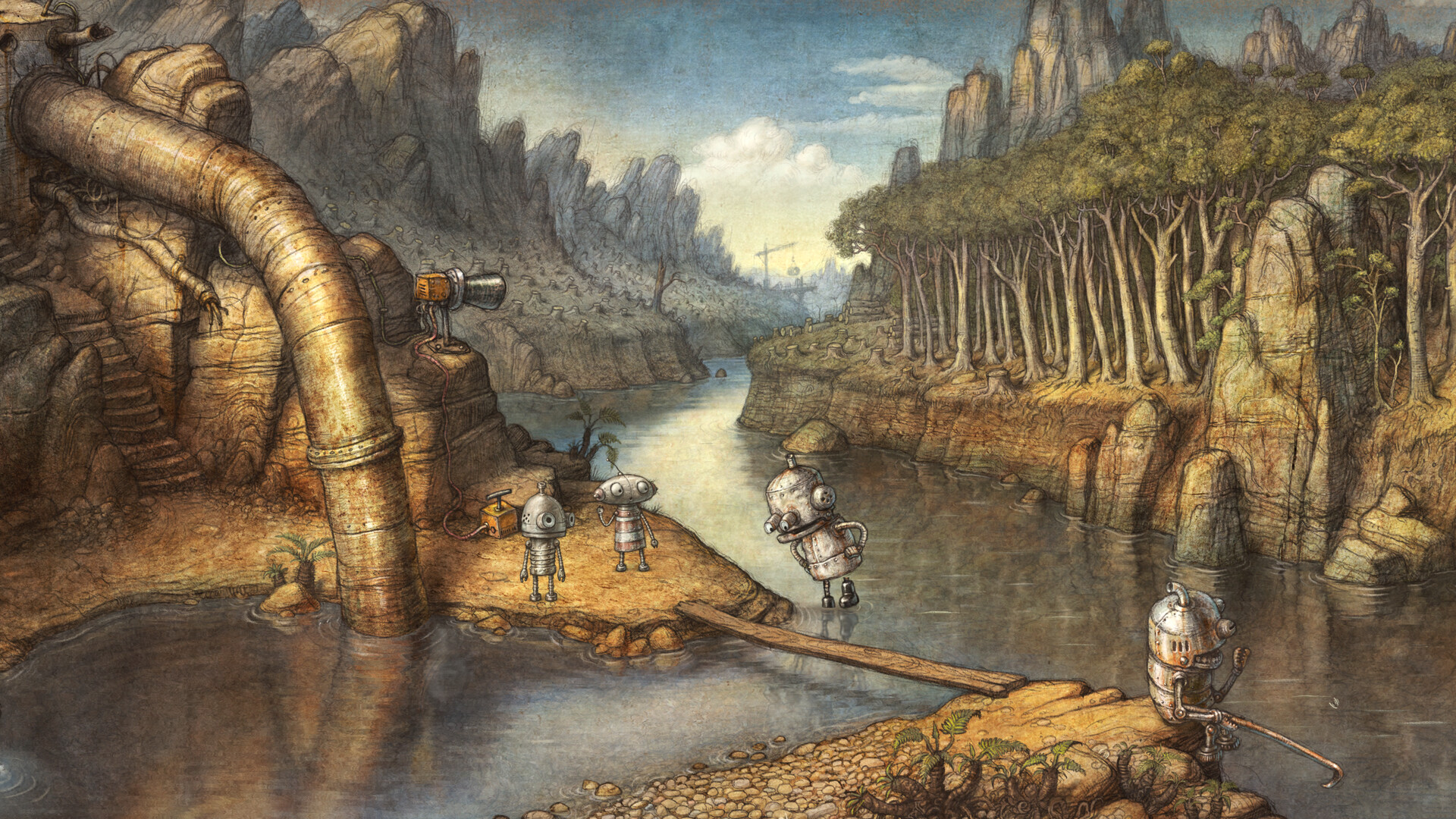 Josef and Berta beside a weathered pipe in a hand-drawn river valley